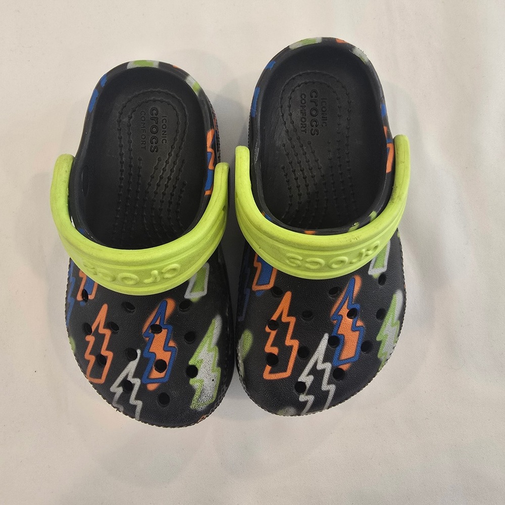 Crocs‎ Kids Classic Clog Lightning Bolt Black Lime Green Size C7 - Picture 13 of 15